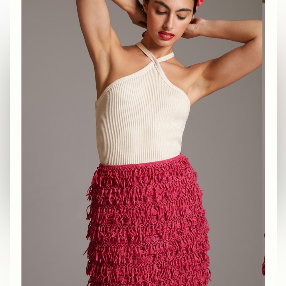 BNWT Anthropologie Let Me Be Fringe Mini Skirt Pink XL